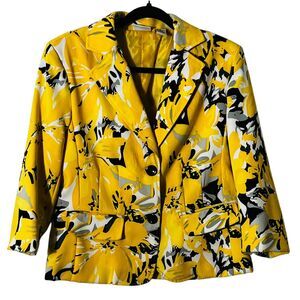Kim Rogers Yellow Black Floral Blazer Jacket Button Front Faux Pockets Stretch S